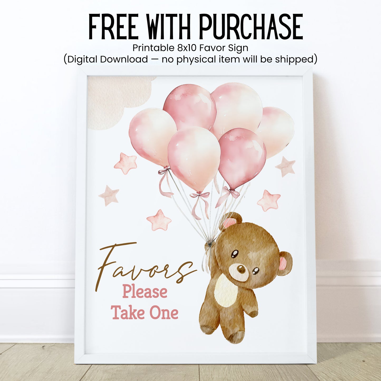 We Can Bearly Wait Lip Balm Label Template: Brown Teddy Bear with Pink Balloons Girl Baby Shower Favor