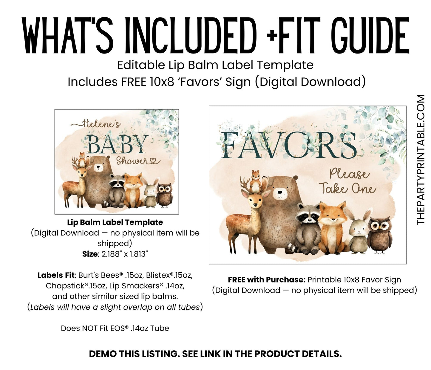Printable Woodland Lip Balm Label TEMPLATE | Forest Baby Shower or Birthday Party Favor | Bear Deer Raccoon Fox with Eucalyptus Leaves, 2003
