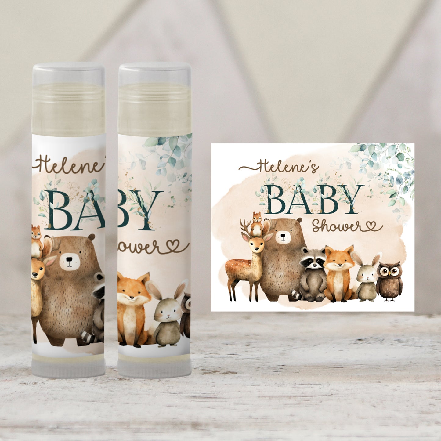 Printable Woodland Lip Balm Label TEMPLATE | Forest Baby Shower or Birthday Party Favor | Bear Deer Raccoon Fox with Eucalyptus Leaves, 2003