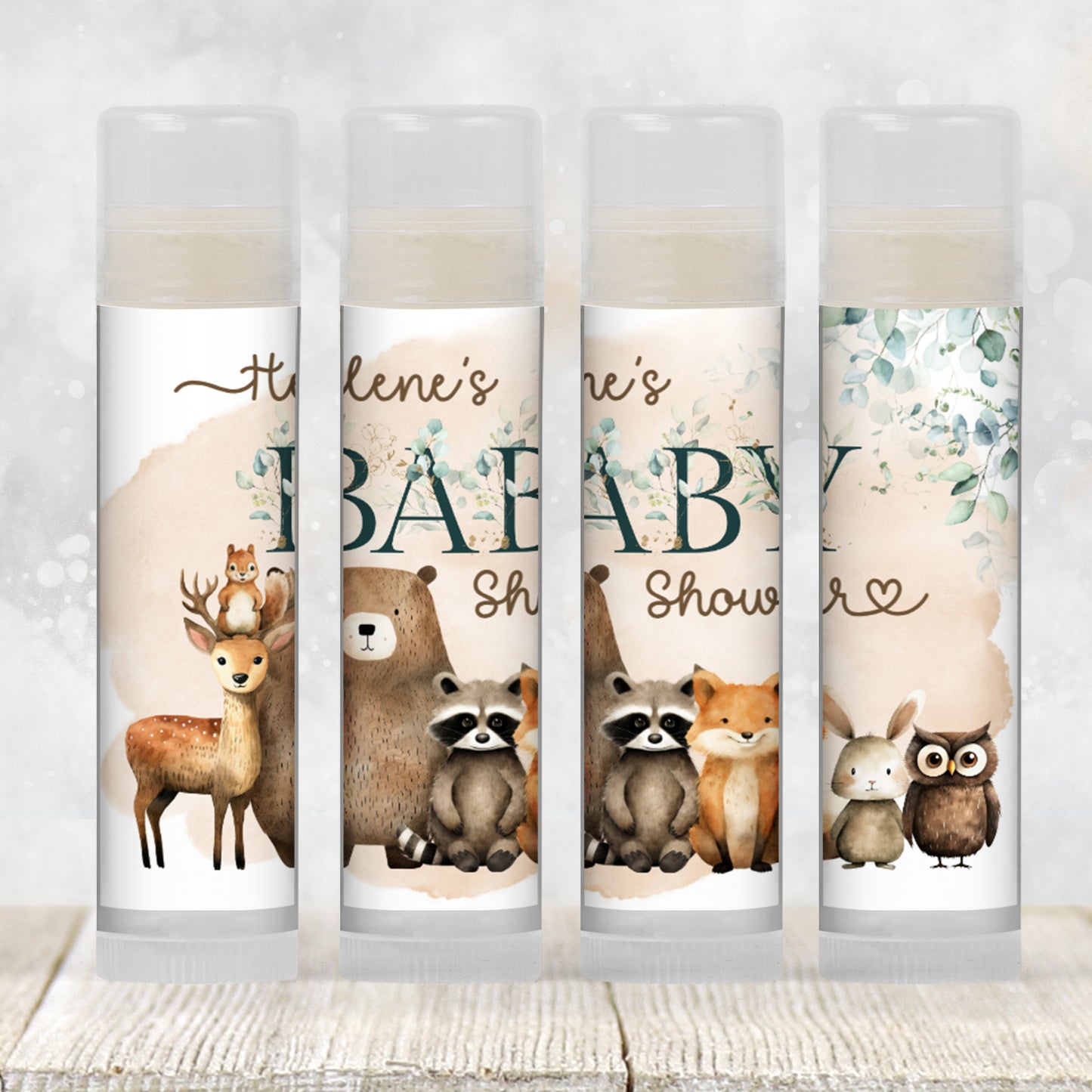 Woodland Party Favors | Chapstick Favor | Forest Baby Shower or Birthday Party Favor | Bear Deer Raccoon Fox with Eucalyptus Leaves, 2003