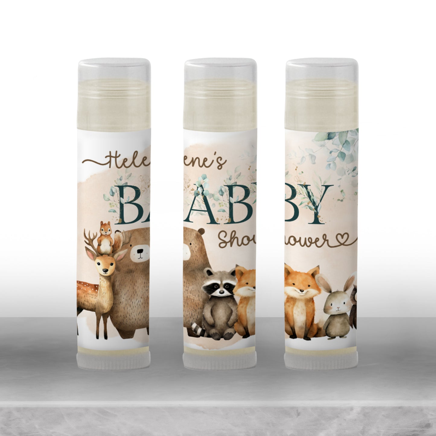 Printable Woodland Lip Balm Label TEMPLATE | Forest Baby Shower or Birthday Party Favor | Bear Deer Raccoon Fox with Eucalyptus Leaves, 2003
