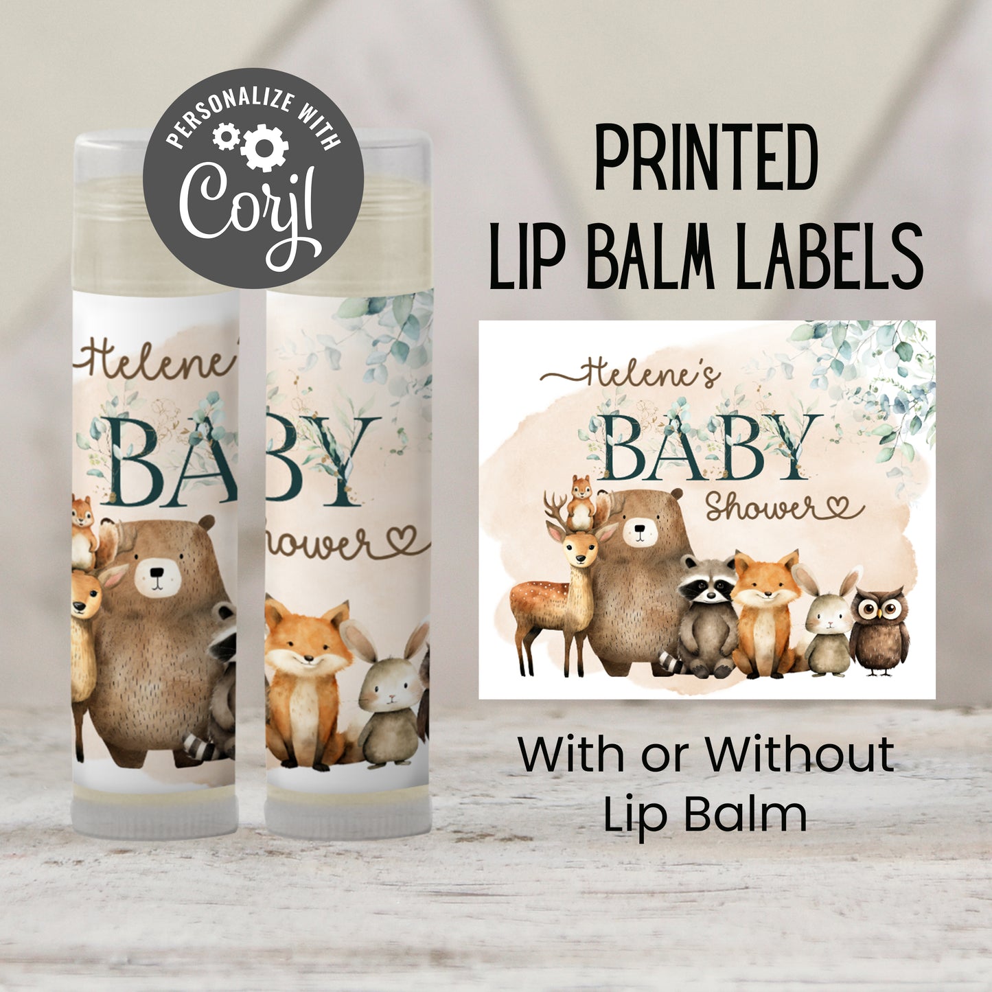 Woodland Party Favors | Chapstick Favor | Forest Baby Shower or Birthday Party Favor | Bear Deer Raccoon Fox with Eucalyptus Leaves, 2003
