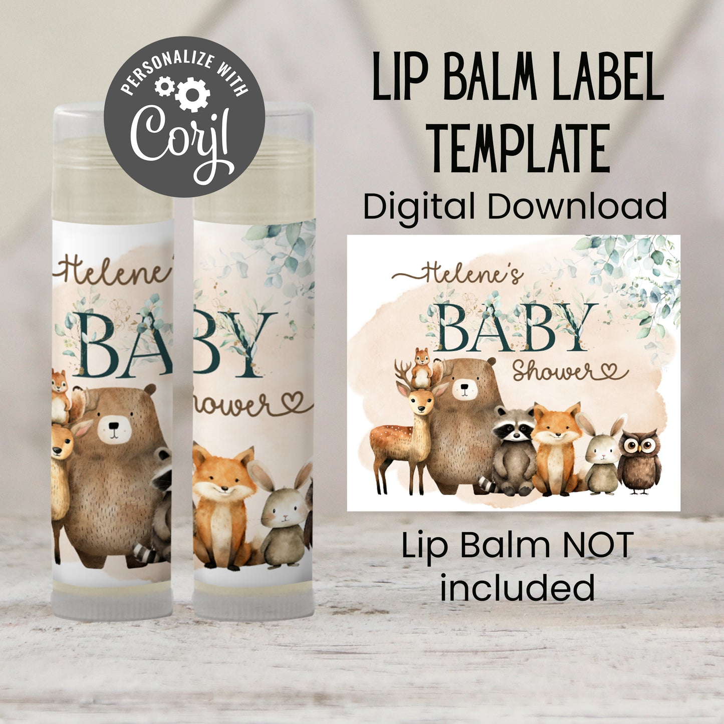 Printable Woodland Lip Balm Label TEMPLATE | Forest Baby Shower or Birthday Party Favor | Bear Deer Raccoon Fox with Eucalyptus Leaves, 2003