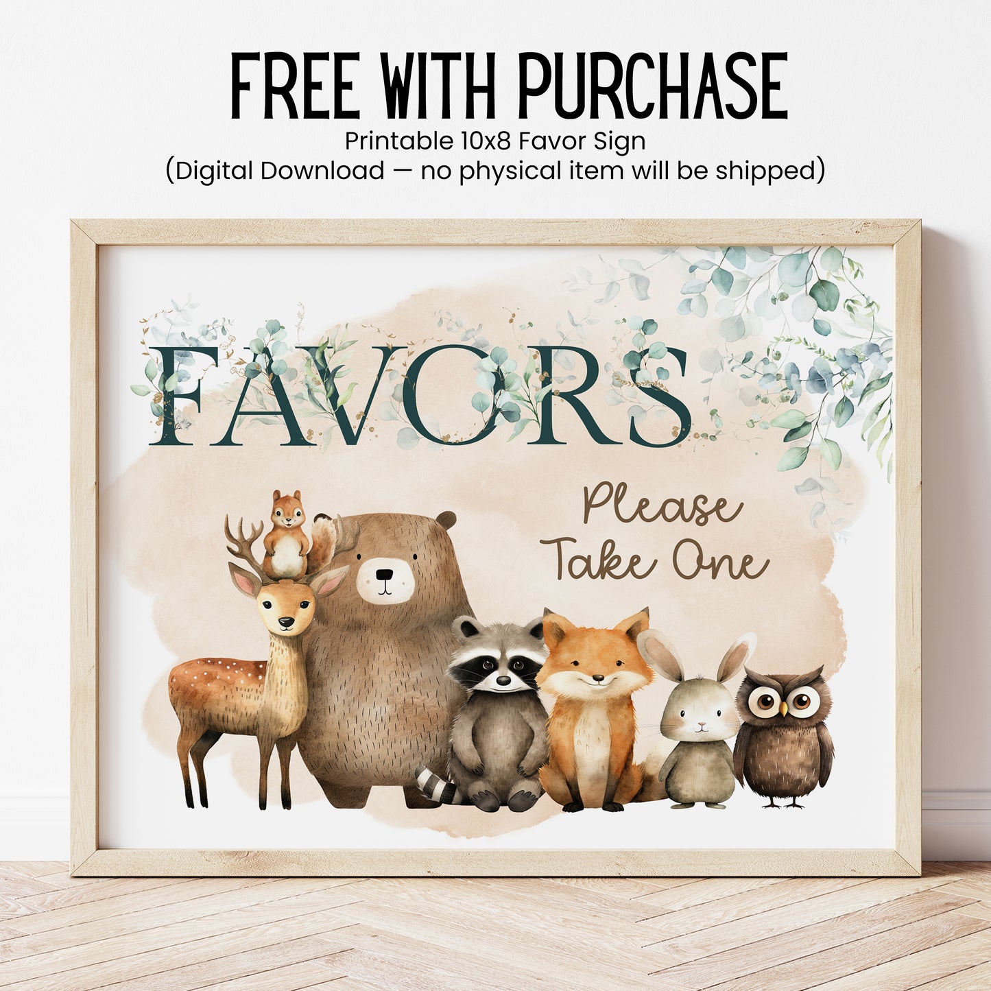 Printable Woodland Lip Balm Label TEMPLATE | Forest Baby Shower or Birthday Party Favor | Bear Deer Raccoon Fox with Eucalyptus Leaves, 2003