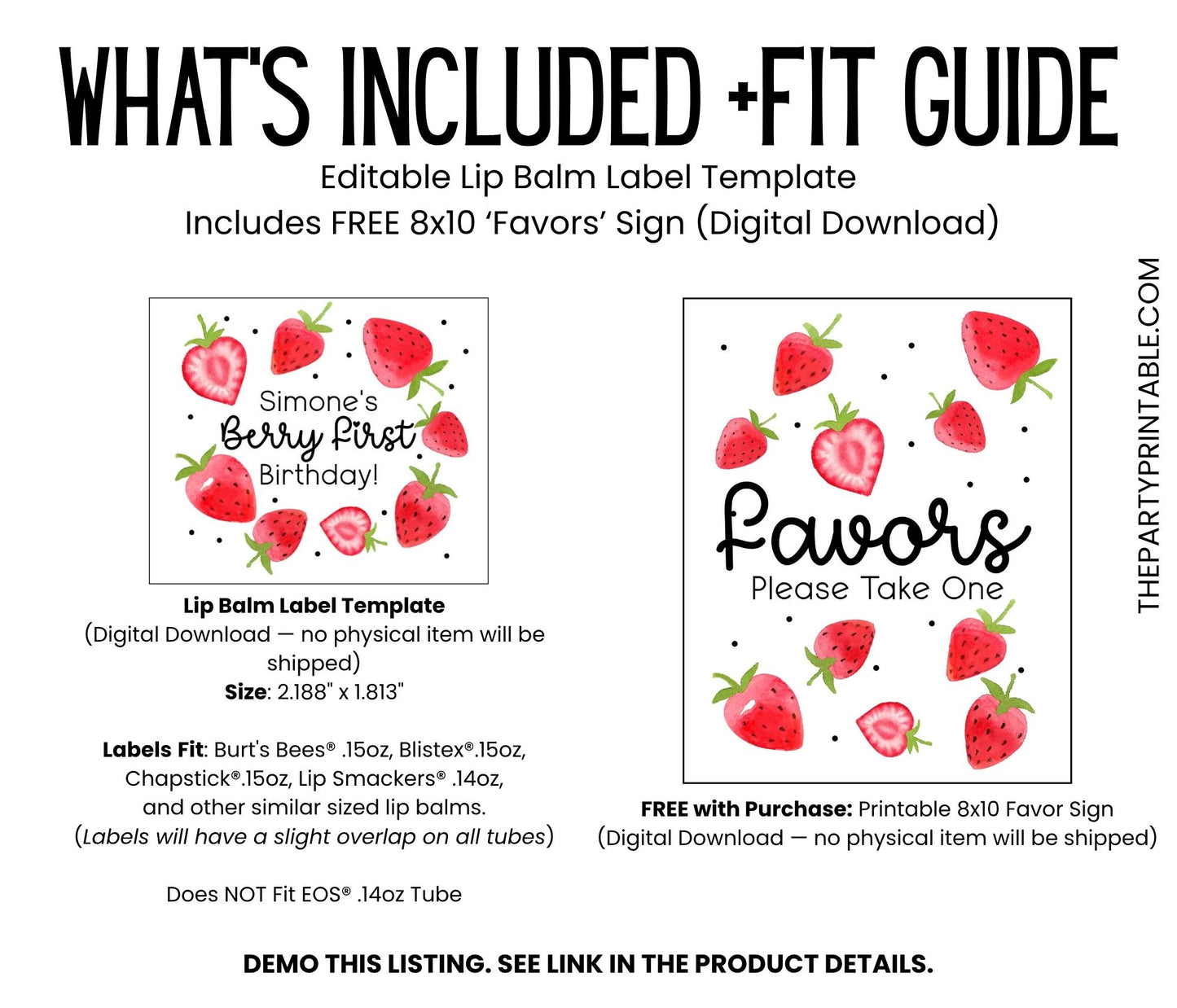 Berry First Birthday Favors Lip Balm Label TEMPLATE | Editable Strawberry Theme for Girl | Thank You Berry Much Summer Party Favor 2200