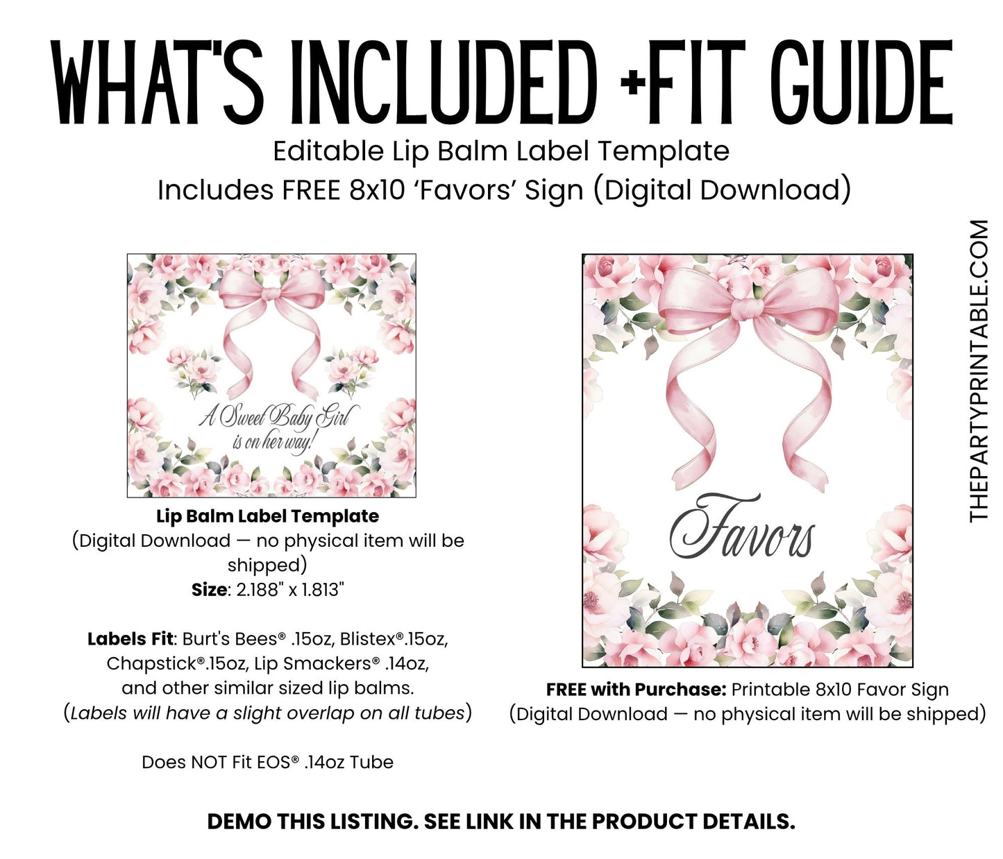 Pink Bow Lip Balm Label Template: Floral Coquette Girl Baby Shower Favor