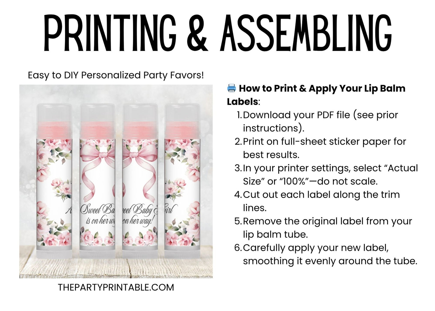 Pink Bow Lip Balm Label Template: Floral Coquette Girl Baby Shower Favor