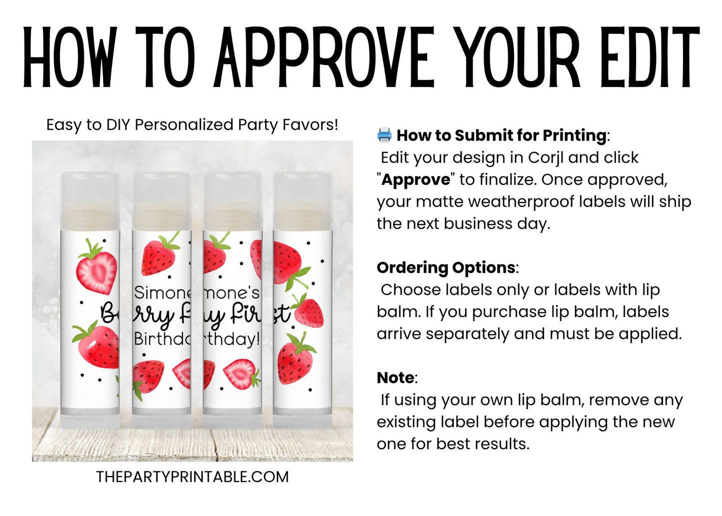Strawberry Birthday Favors PRINTED Lip Balm LABELS or Lip Balm | Girl Summer Theme Party | Berry Sweet Thank You 1st Birthday Favors 2200