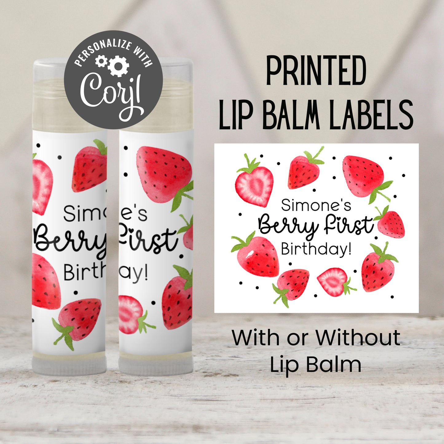 Strawberry Birthday Favors PRINTED Lip Balm LABELS or Lip Balm | Girl Summer Theme Party | Berry Sweet Thank You 1st Birthday Favors 2200