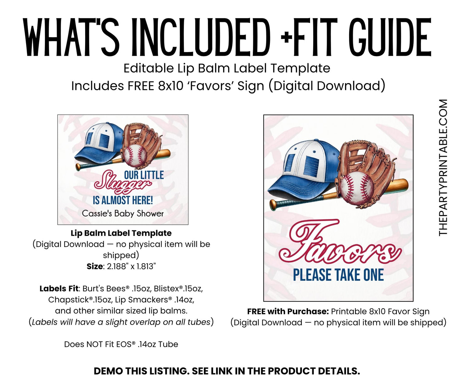 Baseball Lip Balm Label Template: Little Slugger Boy Baby Shower Favor