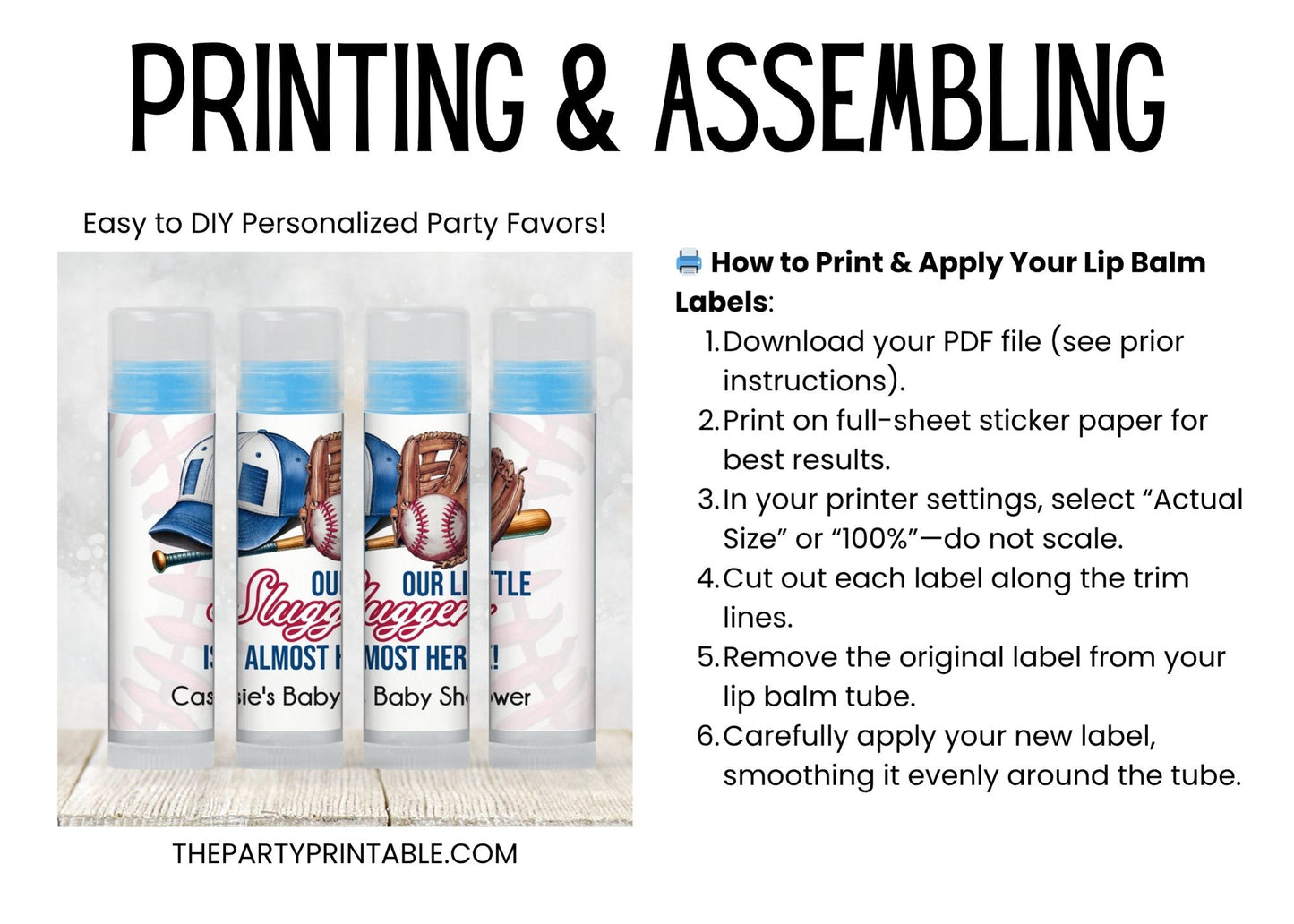 Baseball Lip Balm Label Template: Little Slugger Boy Baby Shower Favor