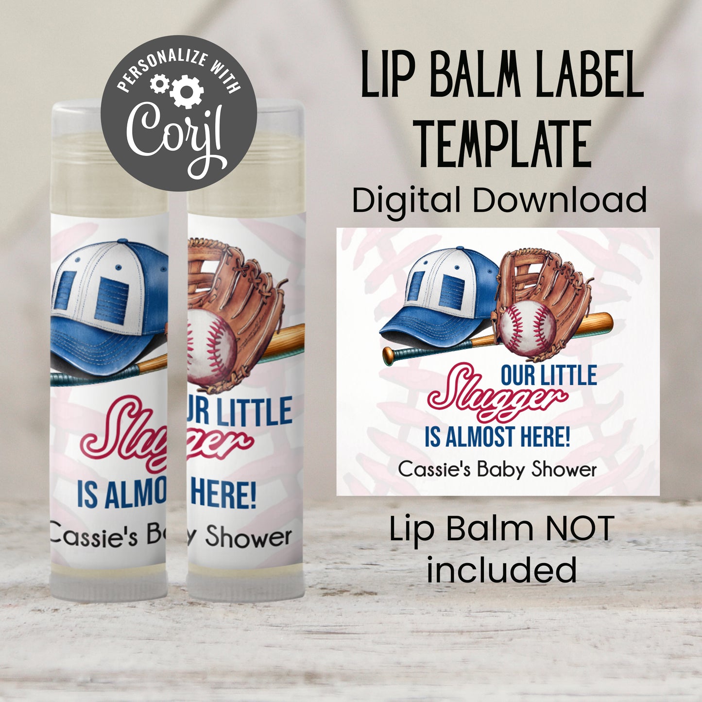 Baseball Lip Balm Label Template: Little Slugger Boy Baby Shower Favor