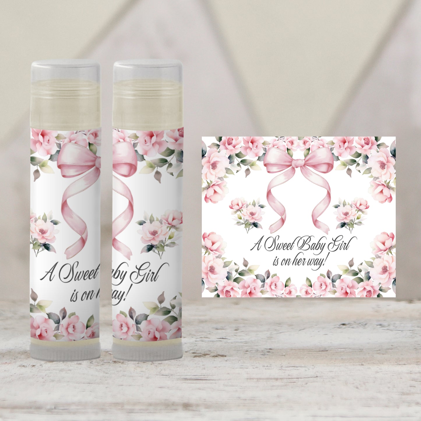 Pink Bow Lip Balm Label Template: Floral Coquette Girl Baby Shower Favor