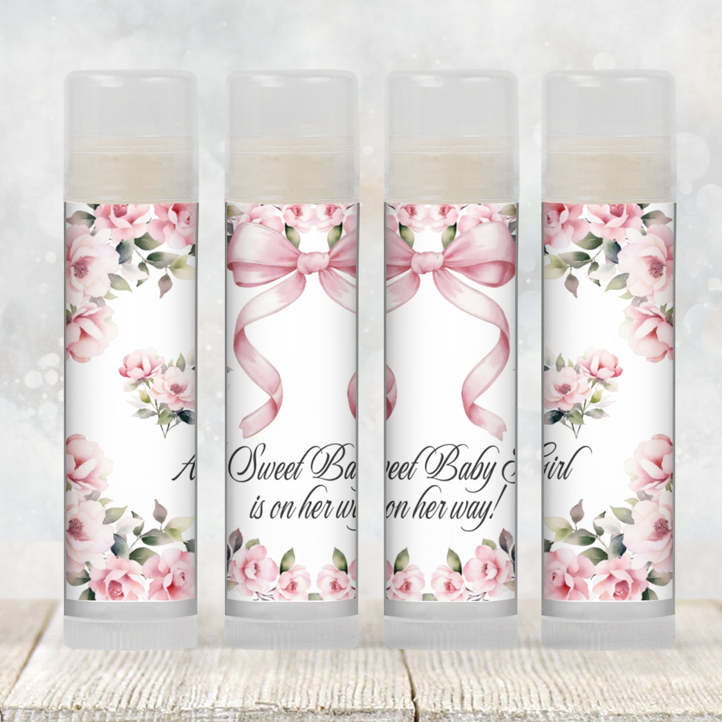 Pink Bow Chapstick Favors: Floral Coquette Girl Baby Shower Party Gift