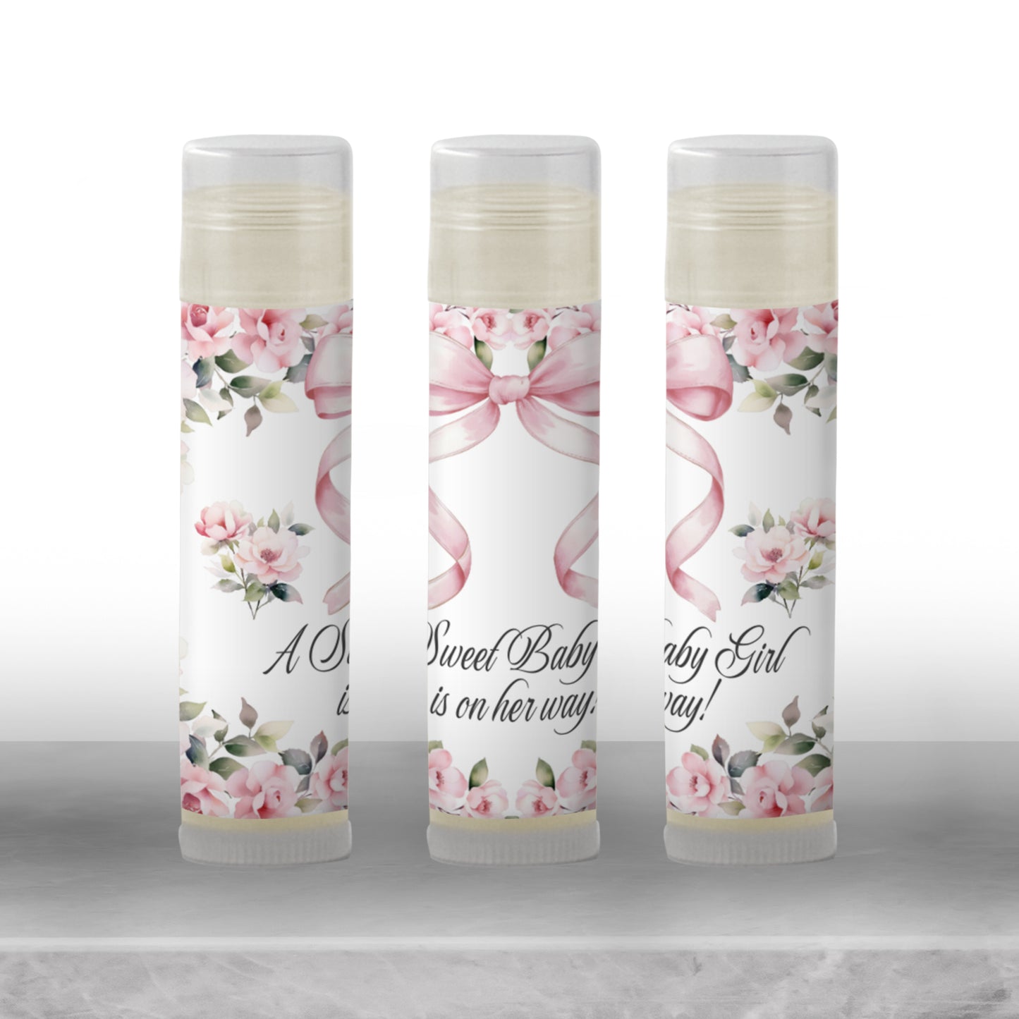 Pink Bow Lip Balm Label Template: Floral Coquette Girl Baby Shower Favor