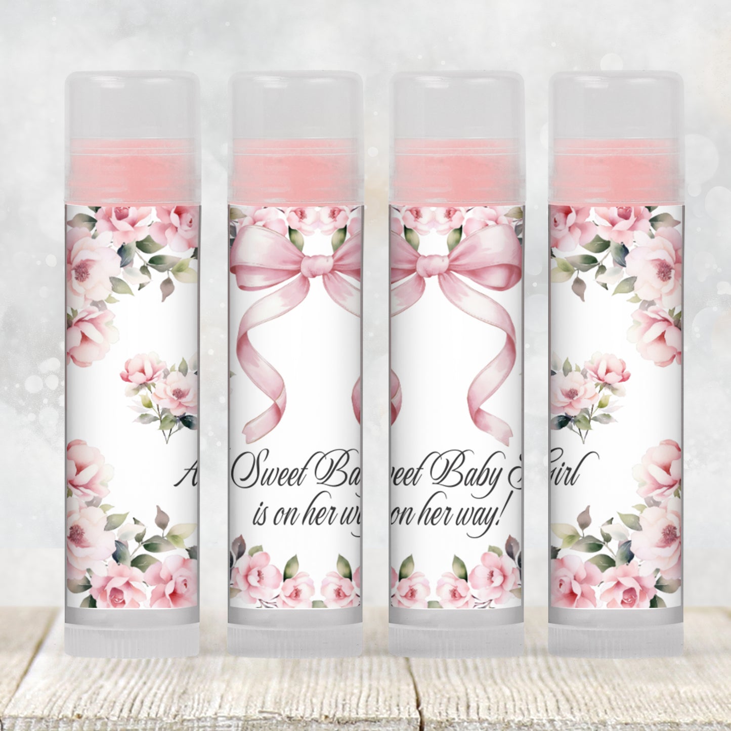 Pink Bow Lip Balm Label Template: Floral Coquette Girl Baby Shower Favor