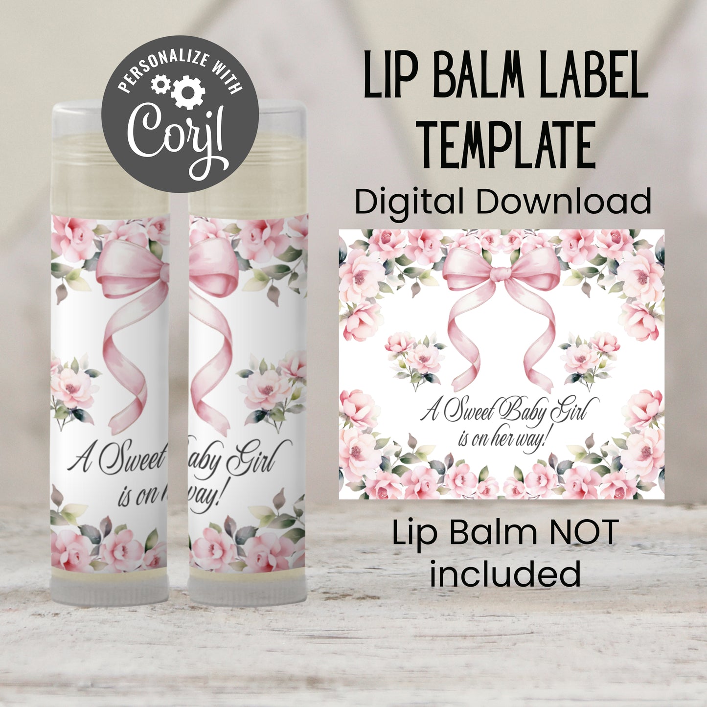 Pink Bow Lip Balm Label Template: Floral Coquette Girl Baby Shower Favor