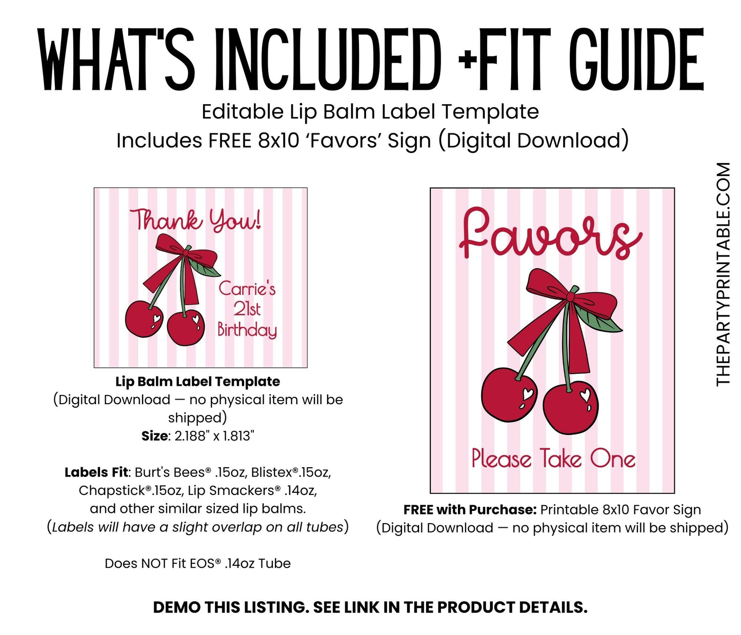 Printable Cherry Chapstick Label TEMPLATE | Birthday Party or Bachelorette Favor | Editable Lip Balm Party Favor | Red Fruit Theme DIY, 2203