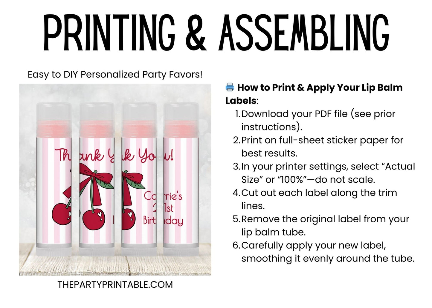 Printable Cherry Chapstick Label TEMPLATE | Birthday Party or Bachelorette Favor | Editable Lip Balm Party Favor | Red Fruit Theme DIY, 2203