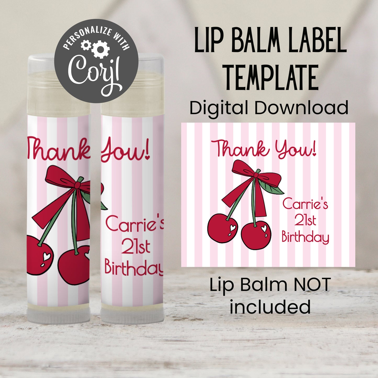 Printable Cherry Chapstick Label TEMPLATE | Birthday Party or Bachelorette Favor | Editable Lip Balm Party Favor | Red Fruit Theme DIY, 2203