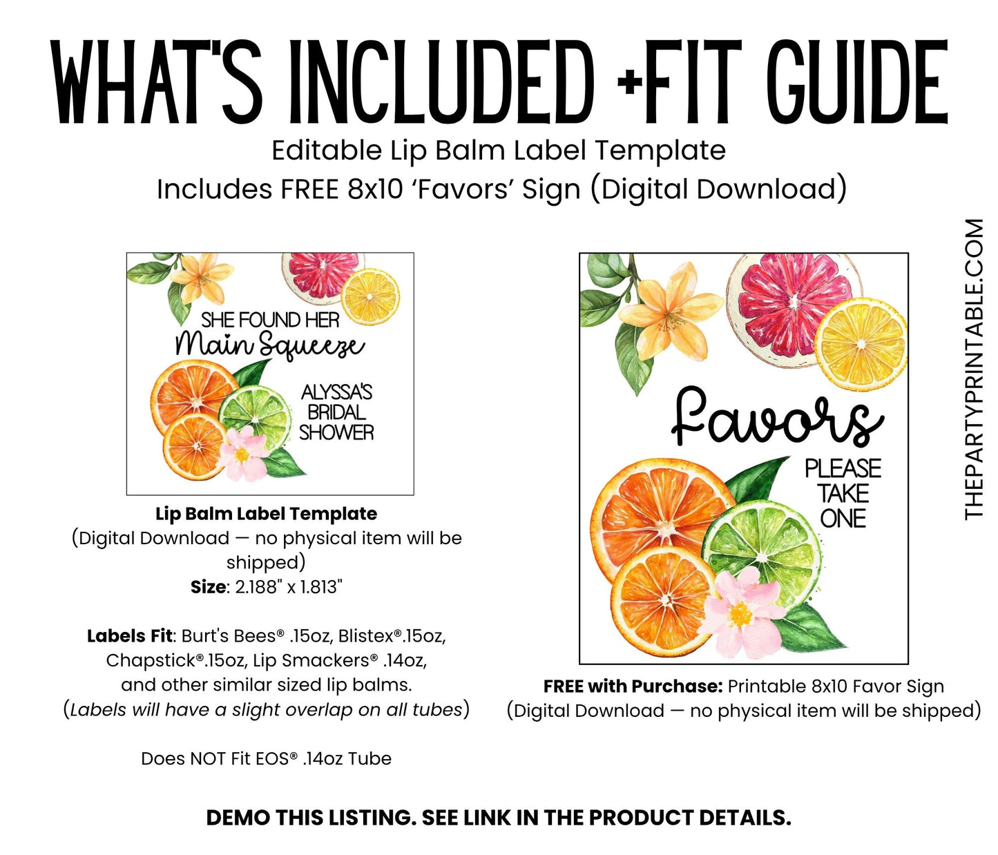 Main Squeeze Lip Balm Label Template: Citrus Baby Shower or Summer Party Favor