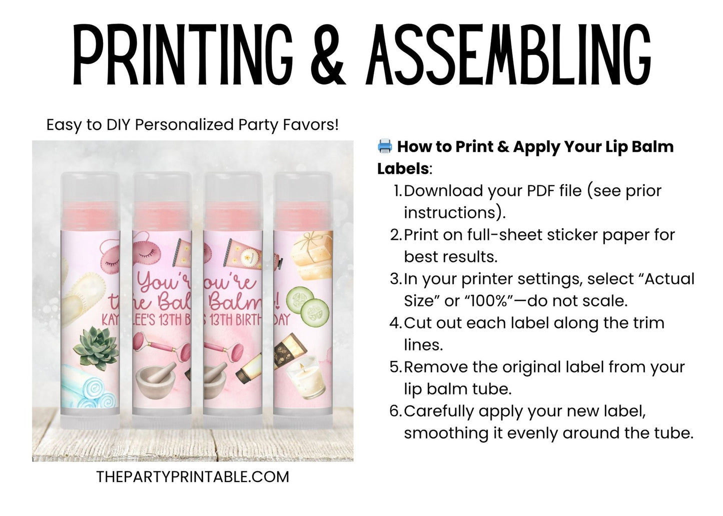 Printable Spa Birthday Party Favor | Lip Balm Spa Party Favor TEMPLATE | Spa Pamper Party Favor | Spa Bachelorette Party Favors, 2402