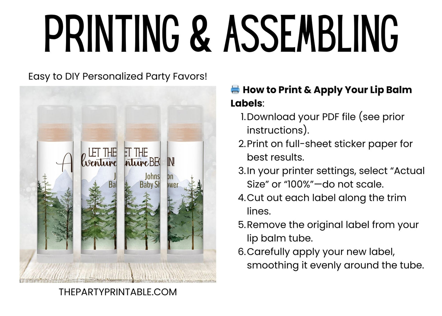 Printable The Adventure Awaits Lip Balm Label TEMPLATE | Travel Baby Shower, Retirement, or Birthday Party Favor | Editable Chapstick, 2403