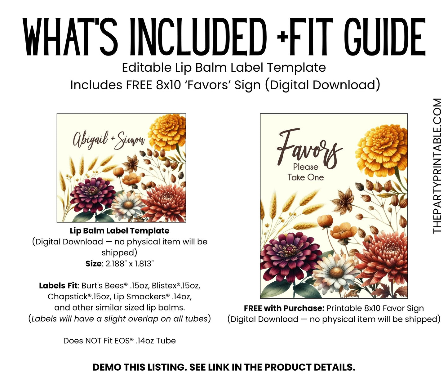 Rustic Fall Wedding Lip Balm Label Template: Autumn Mums Floral Bridal Shower Favor