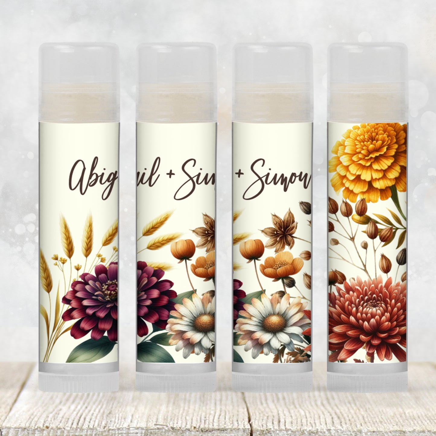 Fall Wedding Favors PRINTED Lip Balm Labels or Lip Balm | Mums Floral Bridal Shower | Autumn Rustic Guest Gifts Personalized for You 2600