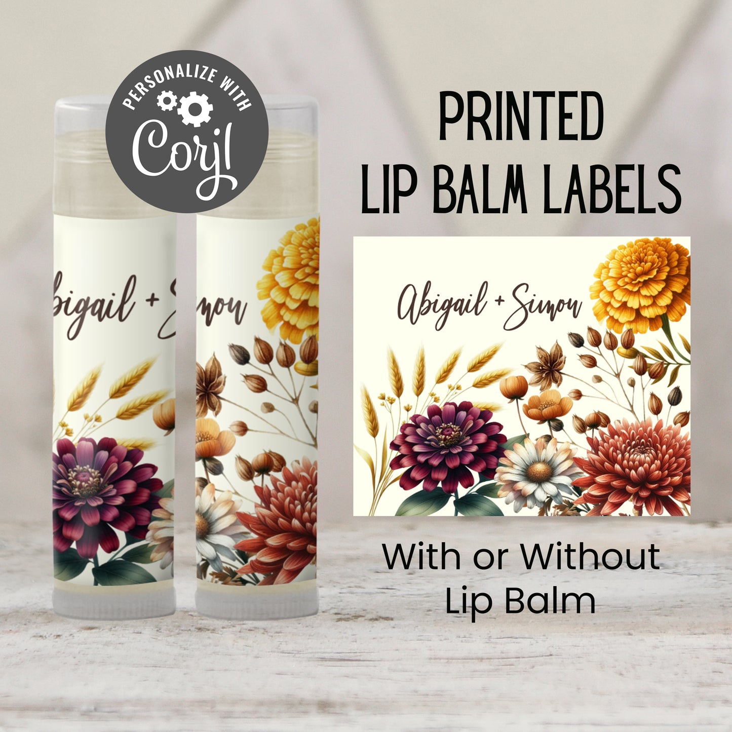 Fall Wedding Favors PRINTED Lip Balm Labels or Lip Balm | Mums Floral Bridal Shower | Autumn Rustic Guest Gifts Personalized for You 2600