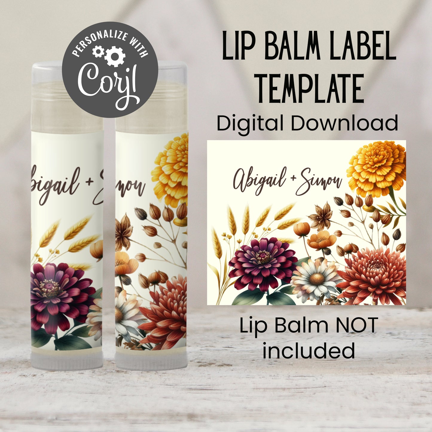 Rustic Fall Wedding Lip Balm Label Template: Autumn Mums Floral Bridal Shower Favor