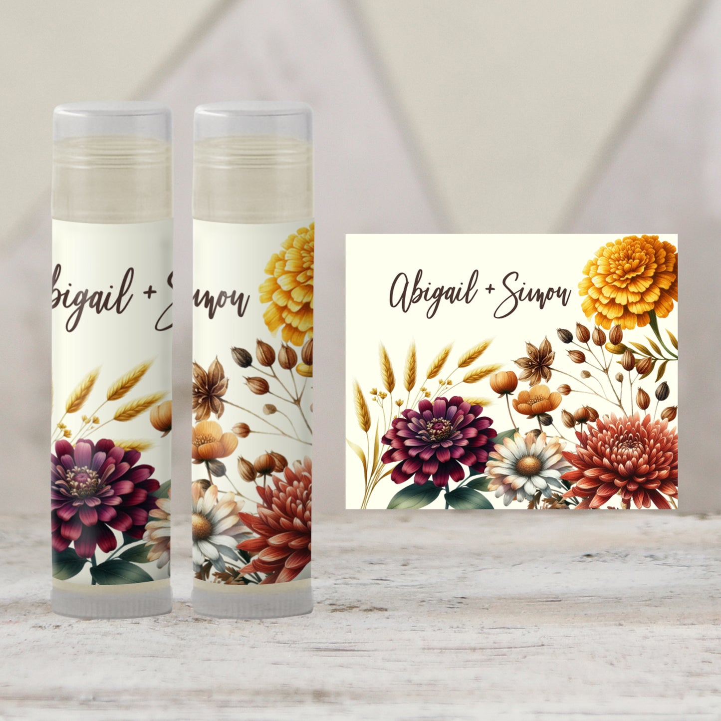 Fall Wedding Favors PRINTED Lip Balm Labels or Lip Balm | Mums Floral Bridal Shower | Autumn Rustic Guest Gifts Personalized for You 2600