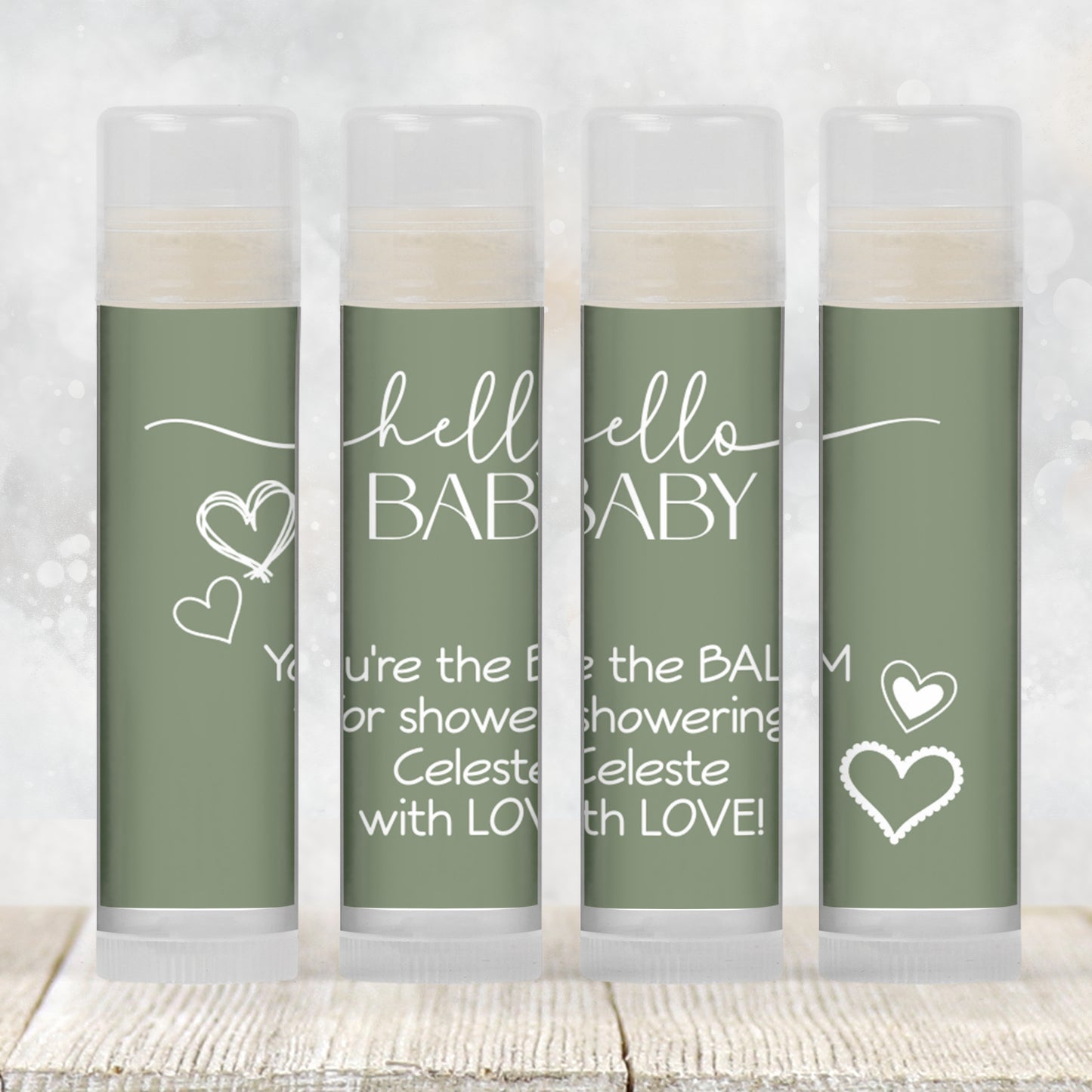 Sage Green Hello Baby Chapstick Favors: Gender Neutral or Fall Baby Shower Gift