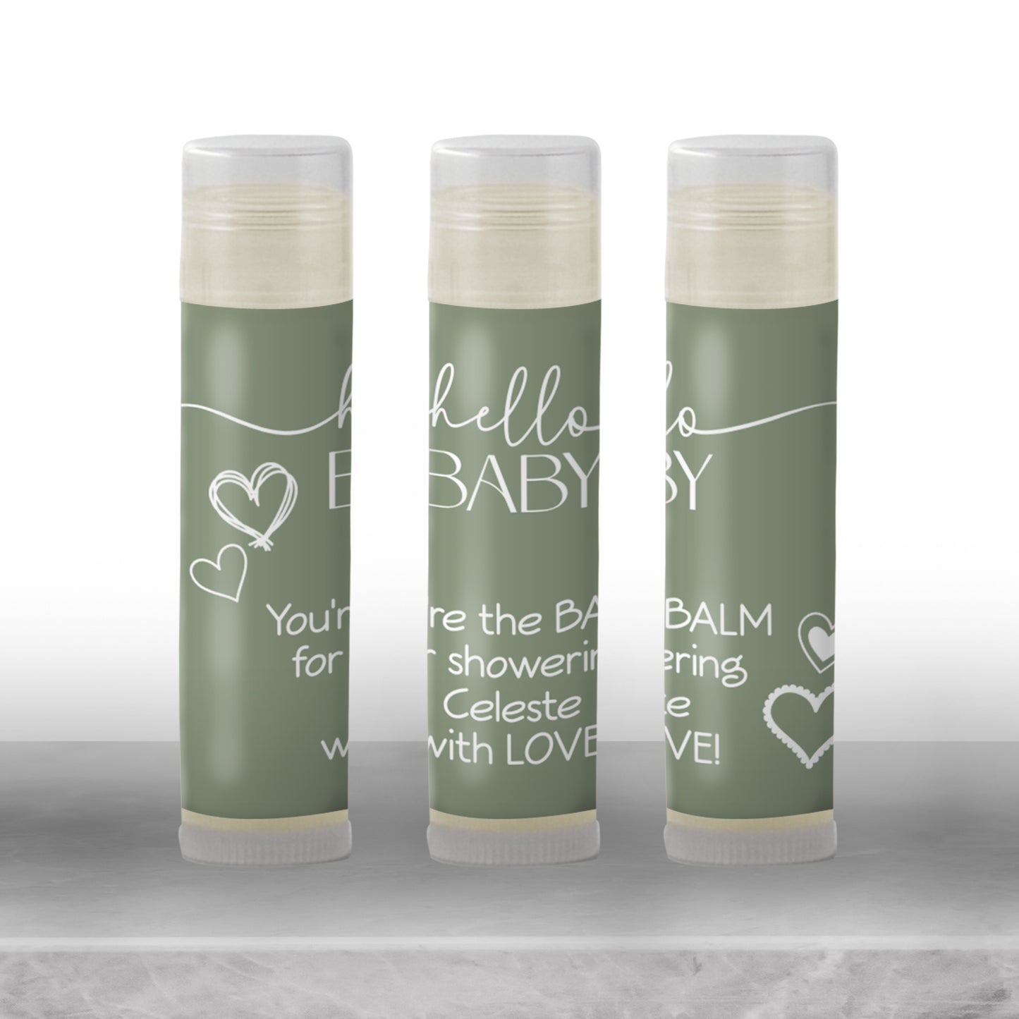 Sage Green Hello Baby Lip Balm Label Template: Boho Gender Neutral Baby Shower Favor