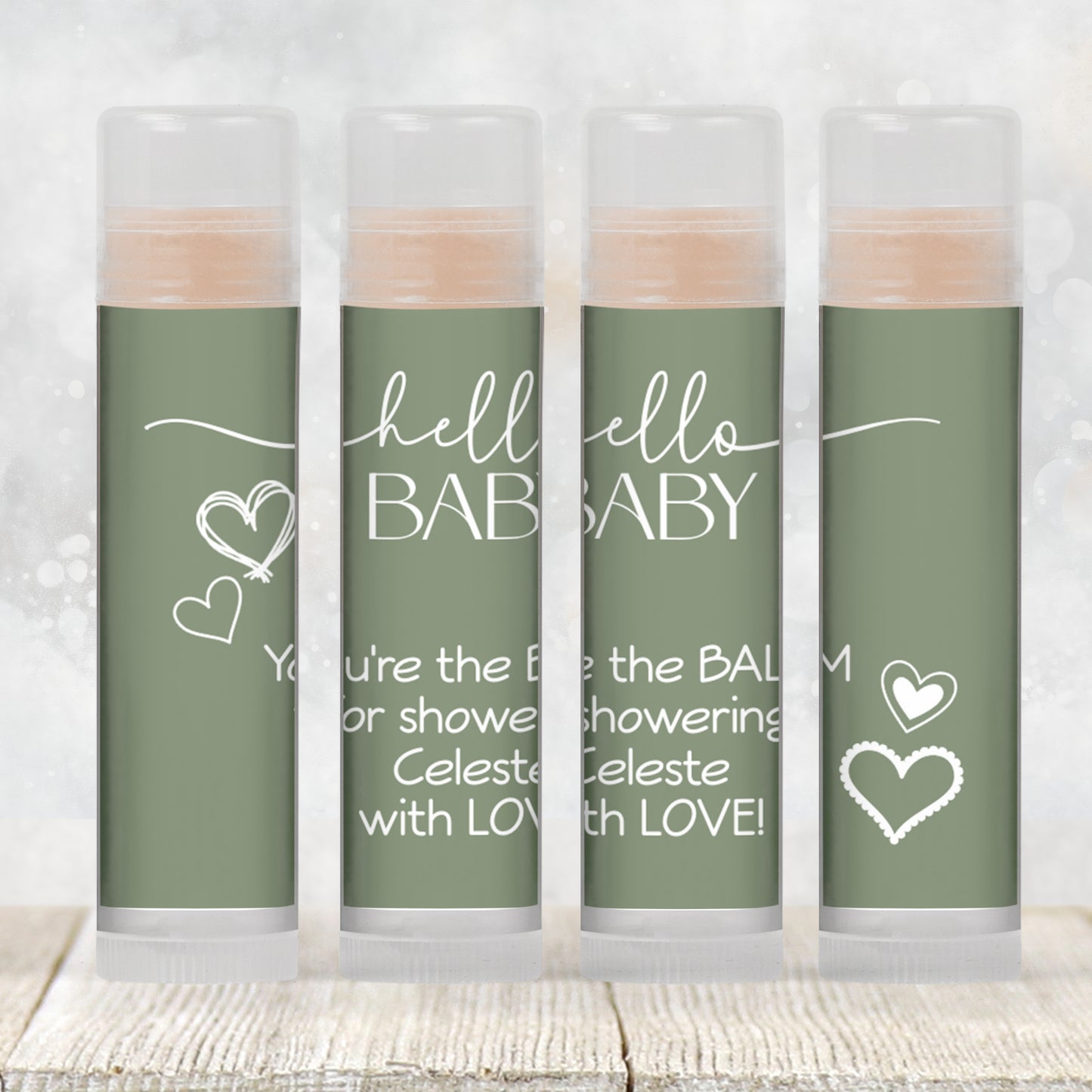 Sage Green Hello Baby Lip Balm Label Template: Boho Gender Neutral Baby Shower Favor