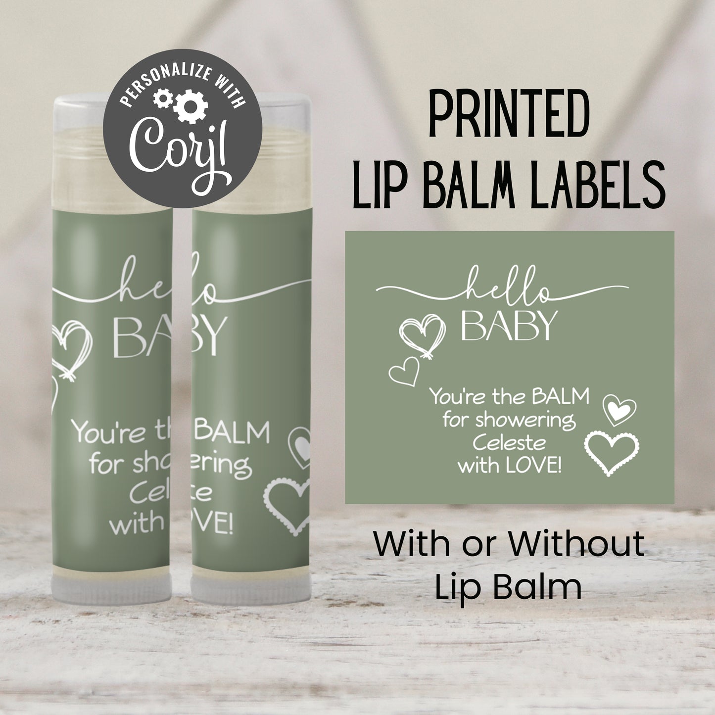 Sage Green Hello Baby Chapstick Favors: Gender Neutral or Fall Baby Shower Gift