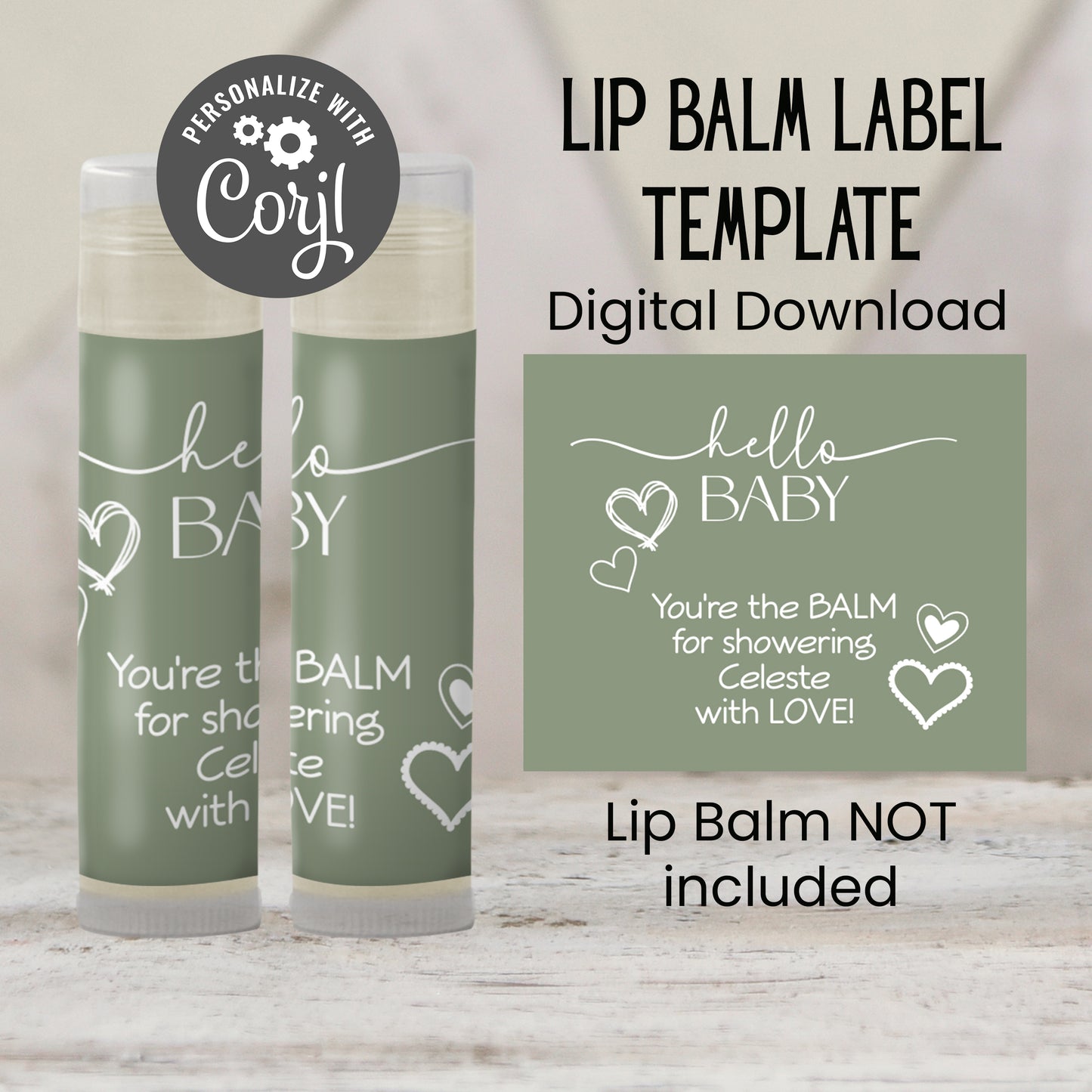 Sage Green Hello Baby Lip Balm Label Template: Boho Gender Neutral Baby Shower Favor