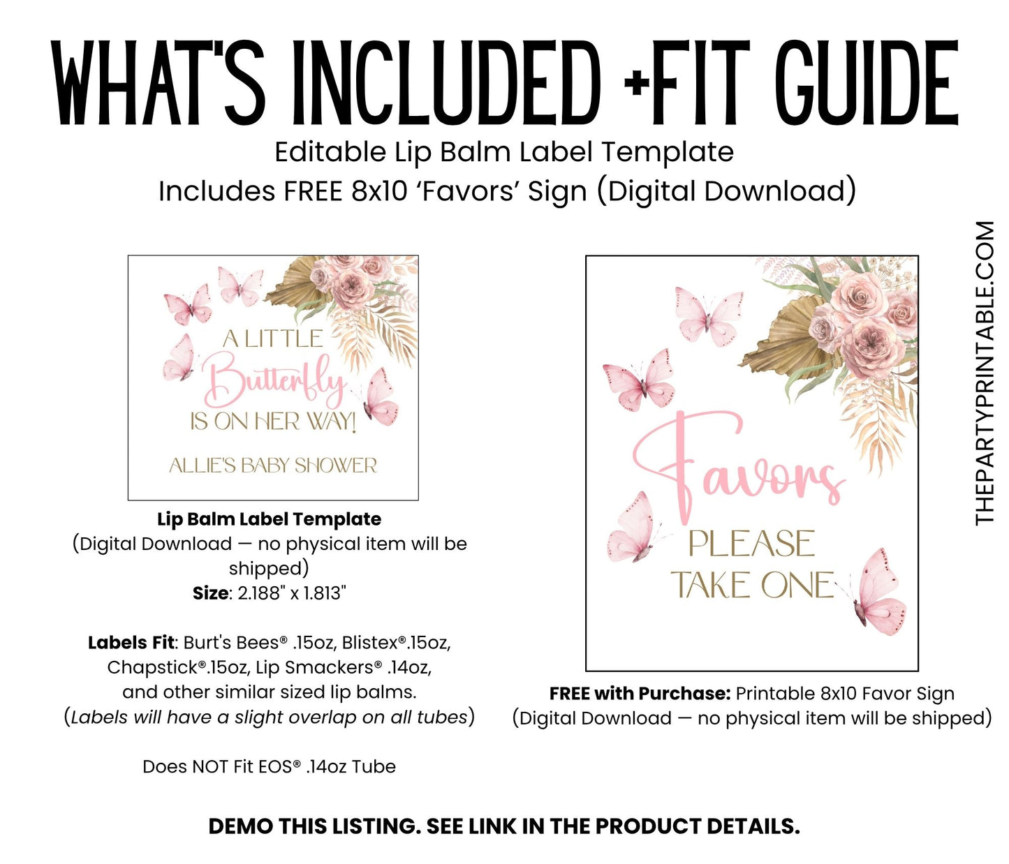 Boho Butterfly Lip Balm Label Template: Pink Floral Baby Shower Favor