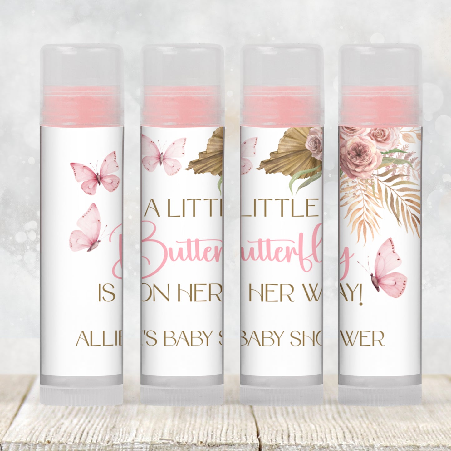 Boho Butterfly Lip Balm Label Template: Pink Floral Baby Shower Favor