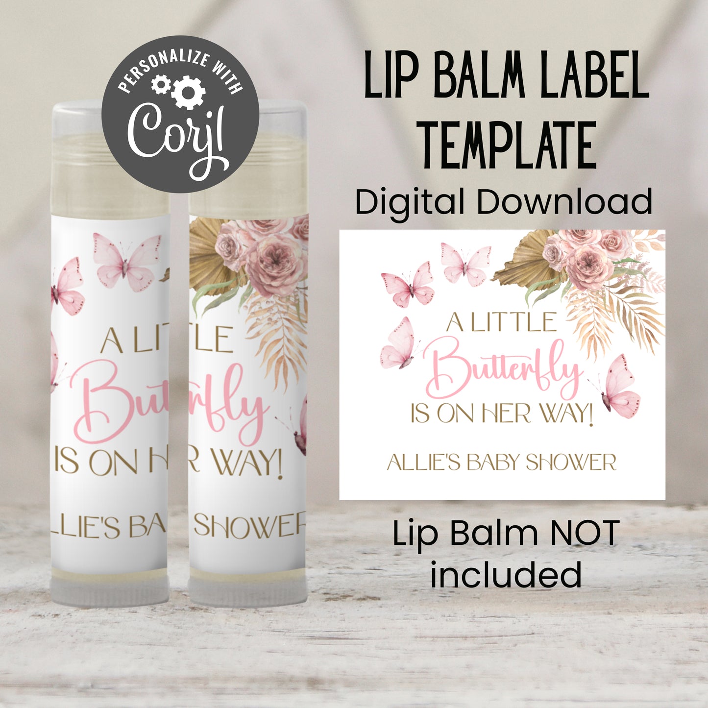 Boho Butterfly Lip Balm Label Template: Pink Floral Baby Shower Favor