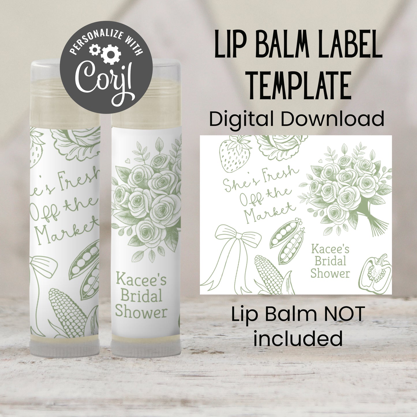 She’s Off the Market Lip Balm Label Template: Sage Green Bridal Shower or Bachelorette Favor