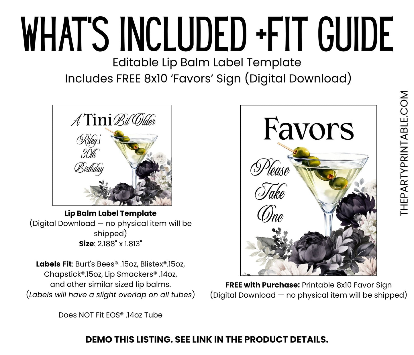 A Tini Bit Older Lip Balm Label Template: Martini Adult Birthday or Cocktail Party Favor