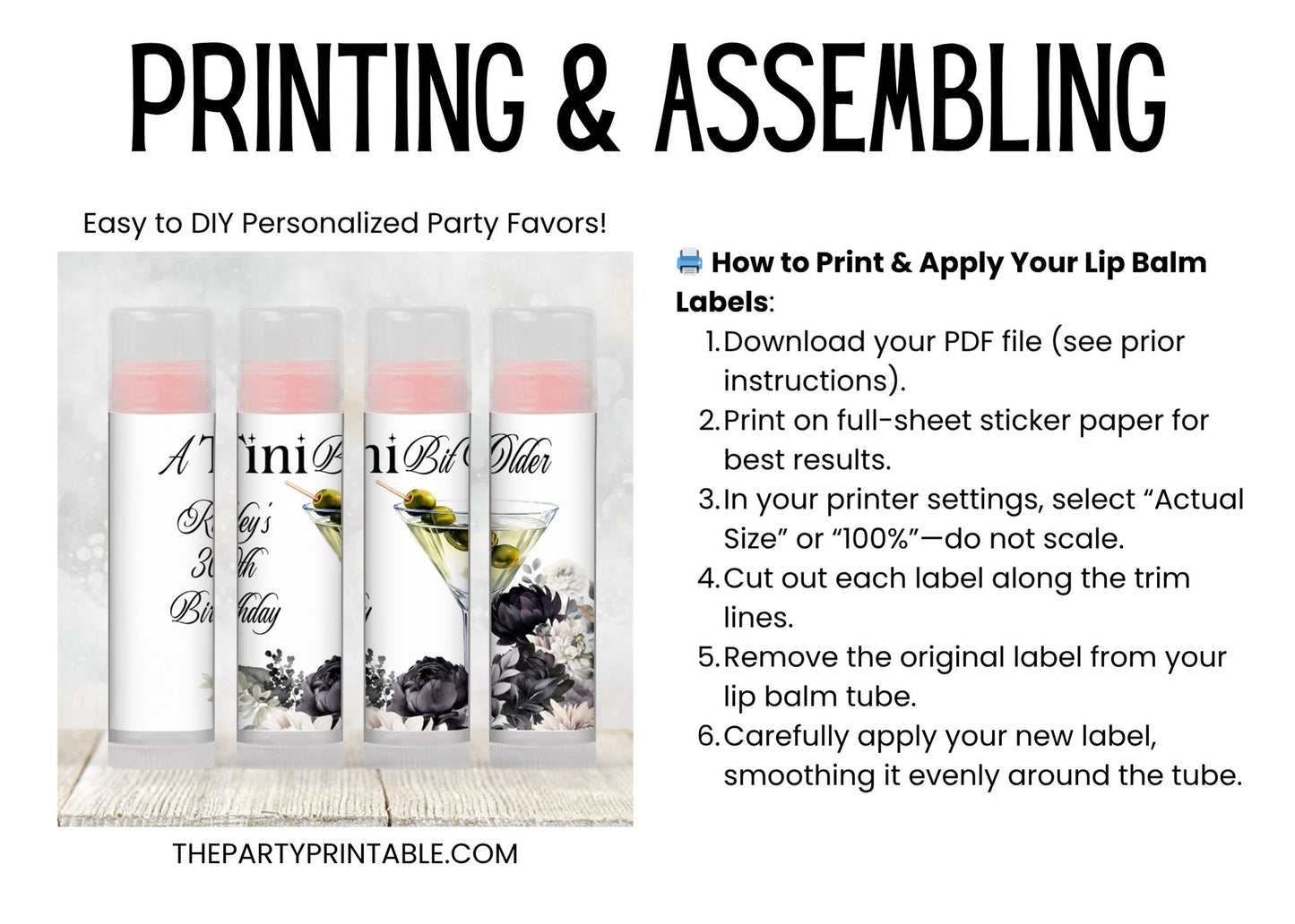 A Tini Bit Older Lip Balm Label Template: Martini Adult Birthday or Cocktail Party Favor