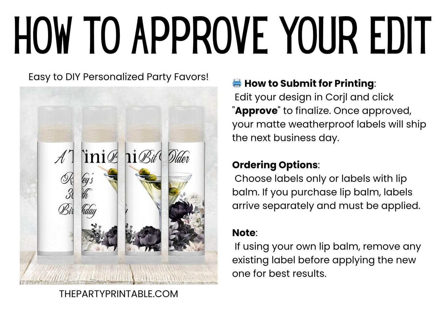 Talk Thirty to Me Birthday Favors PRINTED Lip Balm Labels or Lip Balm | Martini Theme Party Gifts | 30th 40th 50th Birthday Guest Favor 2800