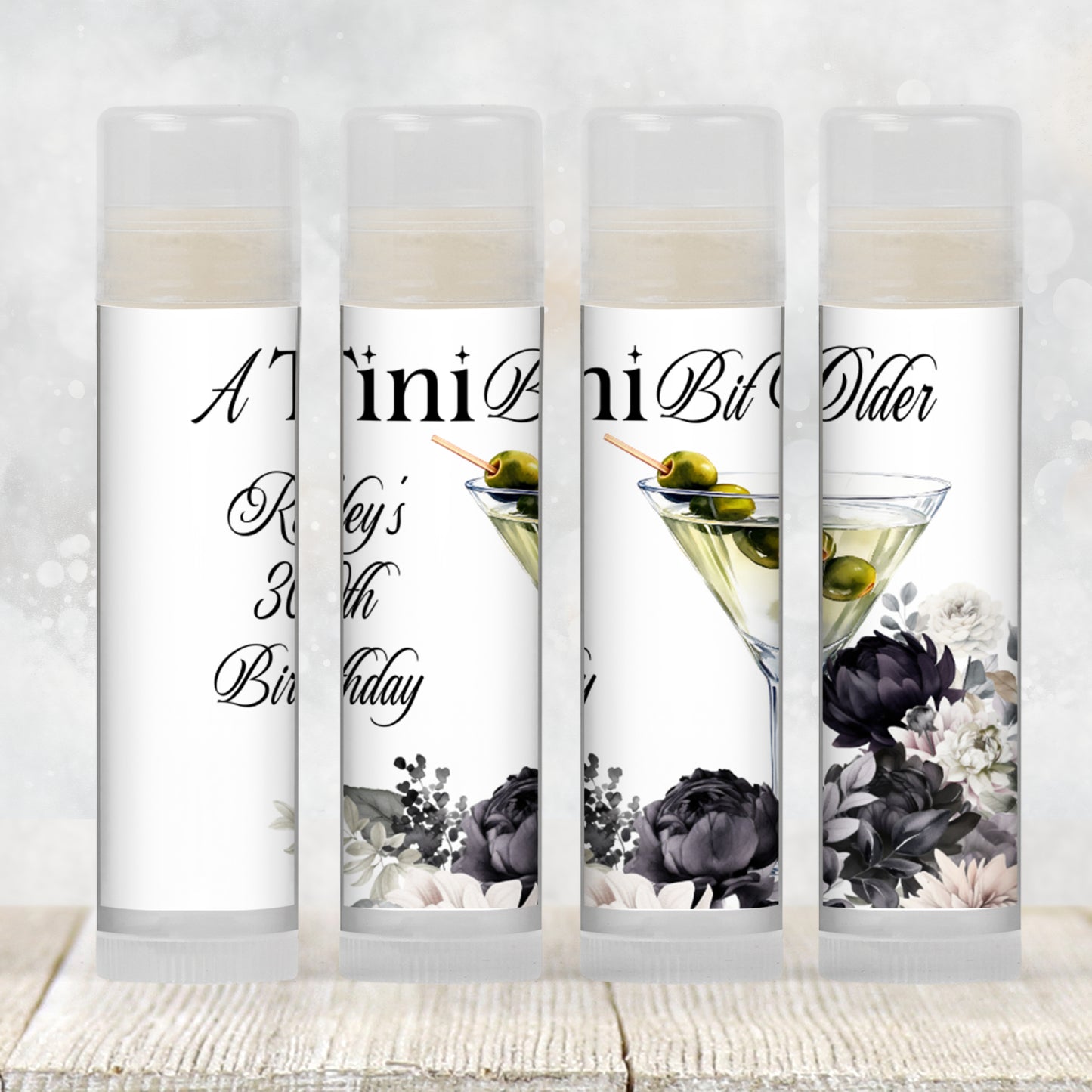 Talk Thirty to Me Birthday Favors PRINTED Lip Balm Labels or Lip Balm | Martini Theme Party Gifts | 30th 40th 50th Birthday Guest Favor 2800
