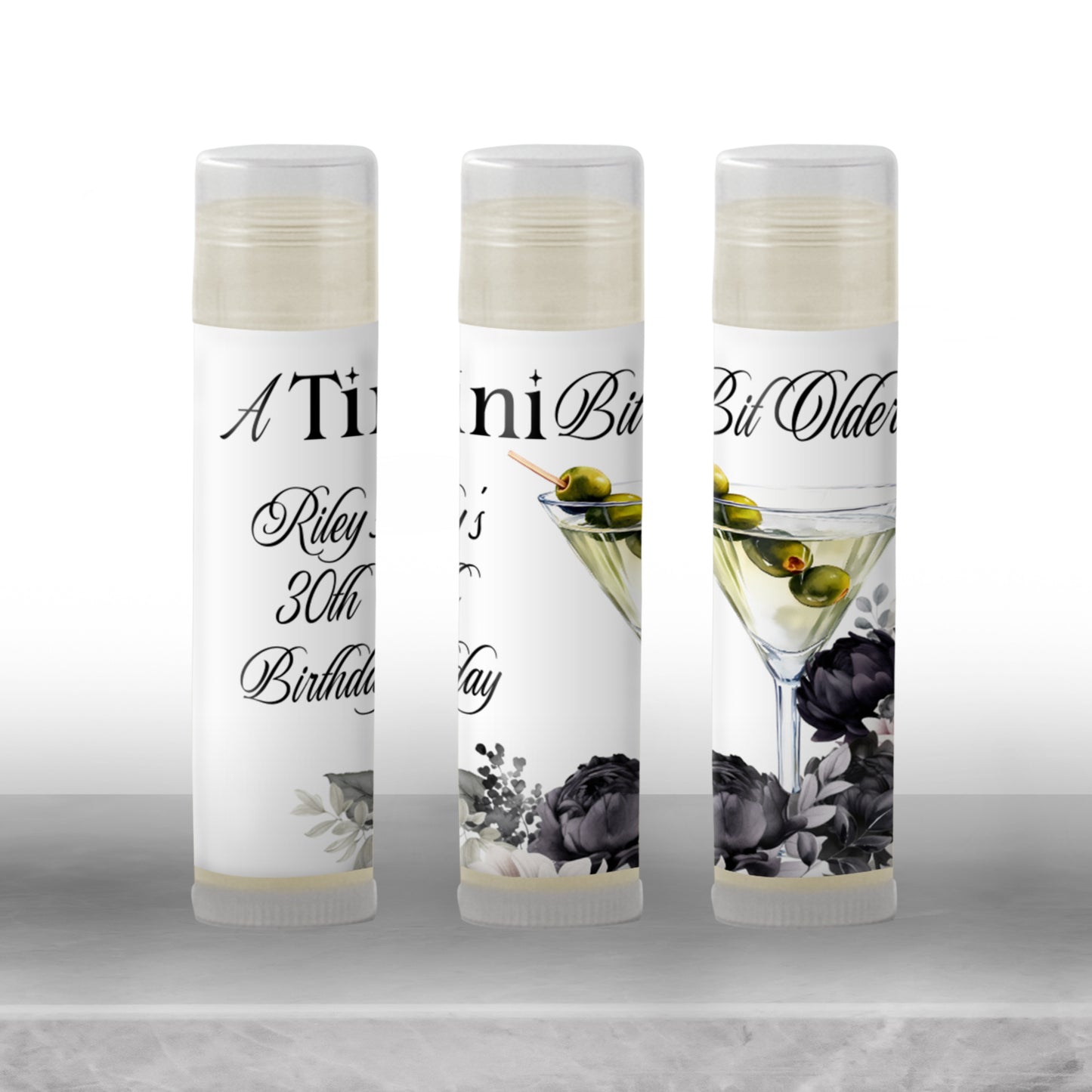Talk Thirty to Me Birthday Favors PRINTED Lip Balm Labels or Lip Balm | Martini Theme Party Gifts | 30th 40th 50th Birthday Guest Favor 2800