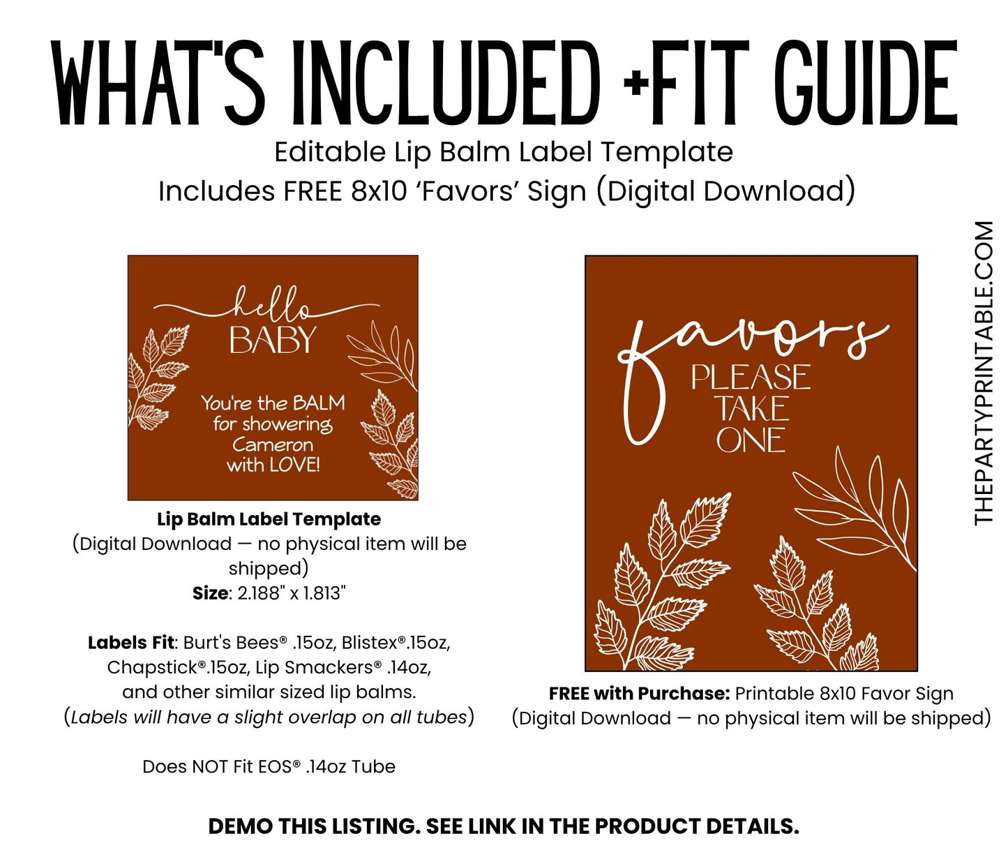 Burnt Orange Hello Baby Lip Balm Label Template: Rustic Fall Gender Neutral Baby Shower Favor
