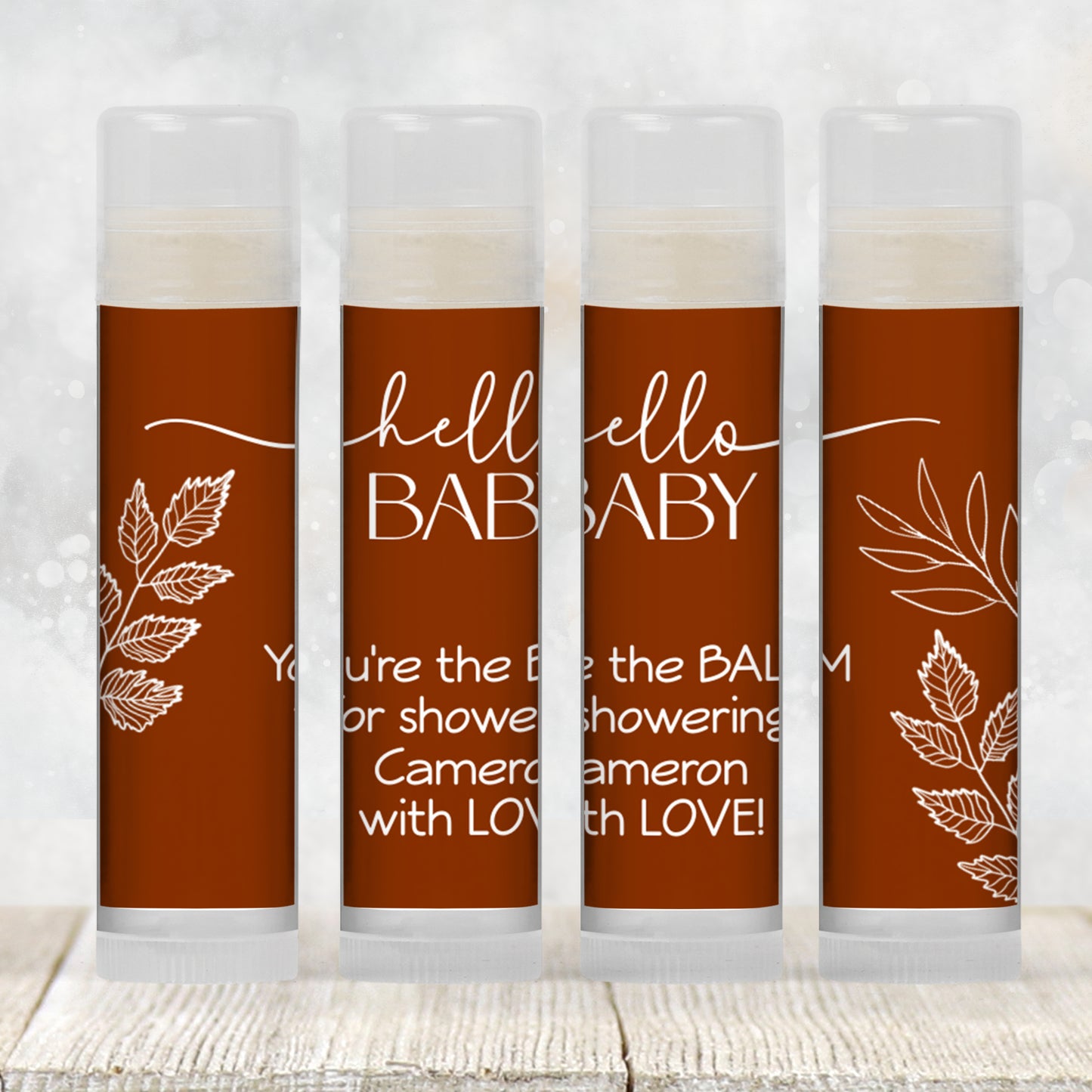 Burnt Orange Hello Baby Chapstick Favors: Rustic Fall or Gender Neutral Baby Shower Gift