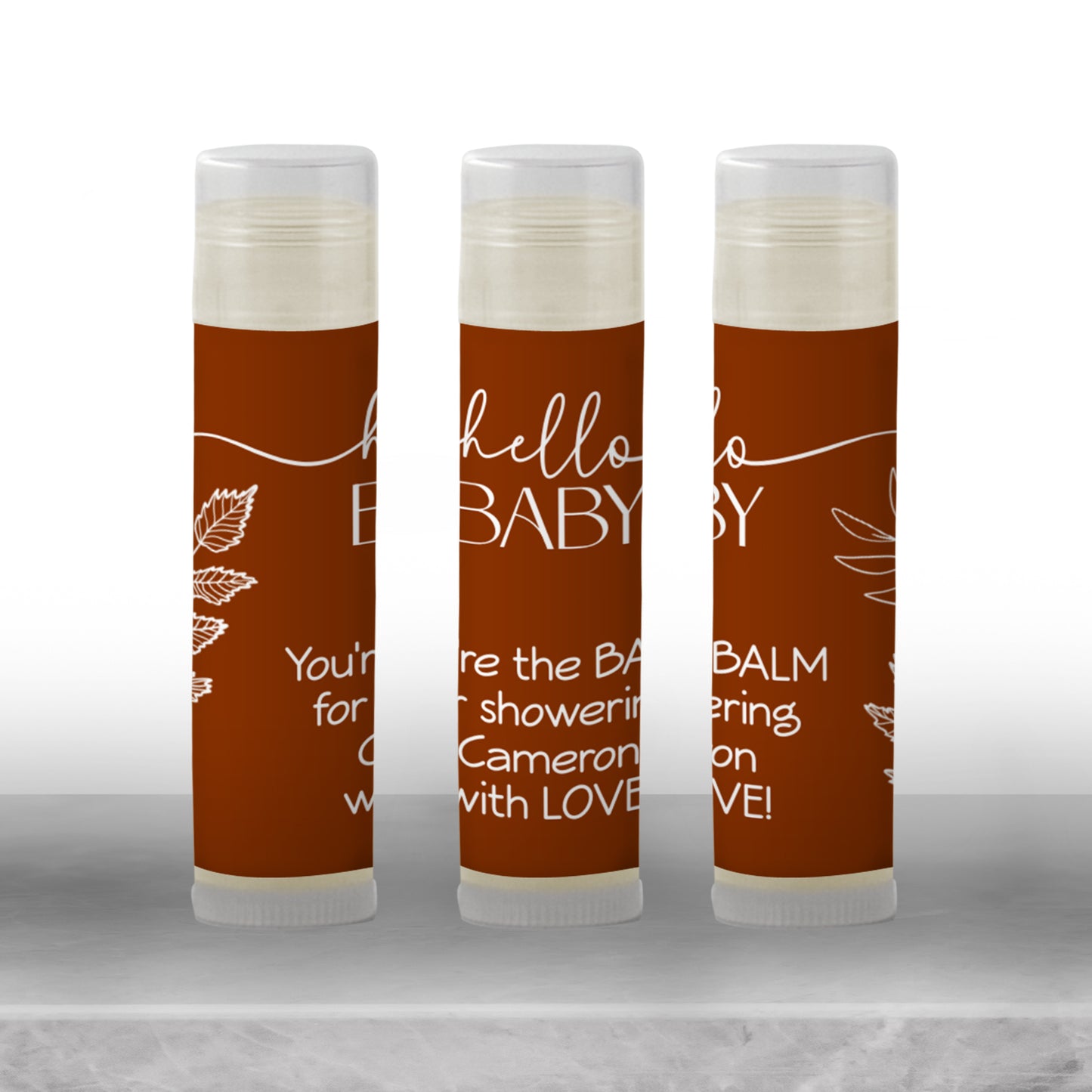 Burnt Orange Hello Baby Chapstick Favors: Rustic Fall or Gender Neutral Baby Shower Gift