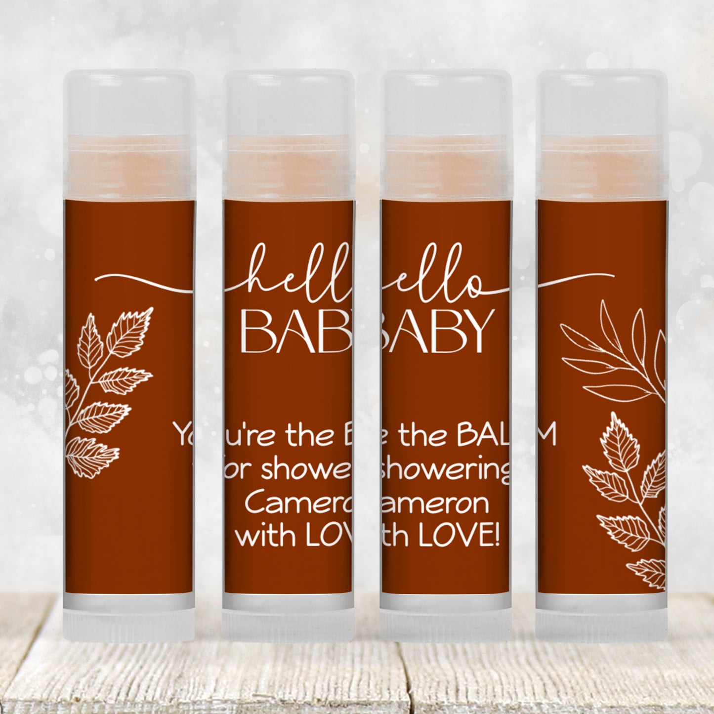 Burnt Orange Hello Baby Lip Balm Label Template: Rustic Fall Gender Neutral Baby Shower Favor